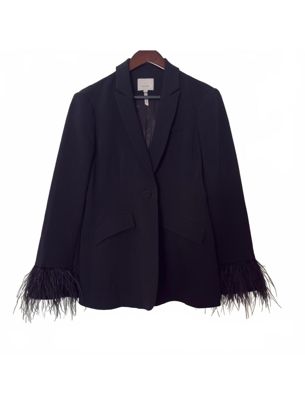 Cinq a Sept Cheyenne Black Blazer with Feather Trim Sleeves, Size 8